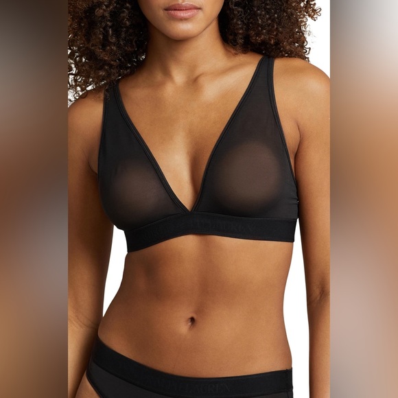 NWT Polo By Ralph Lauren Mesh  Unlined Plunge Tailored logo Bralette in onyx - Picture 1 of 8